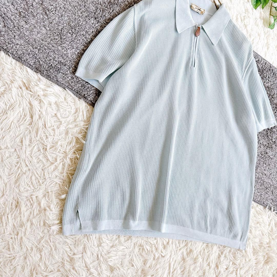 希少　オールド　エルメス 半袖　ポロシャツ　無地　XL ブルー　コットン　メンズ