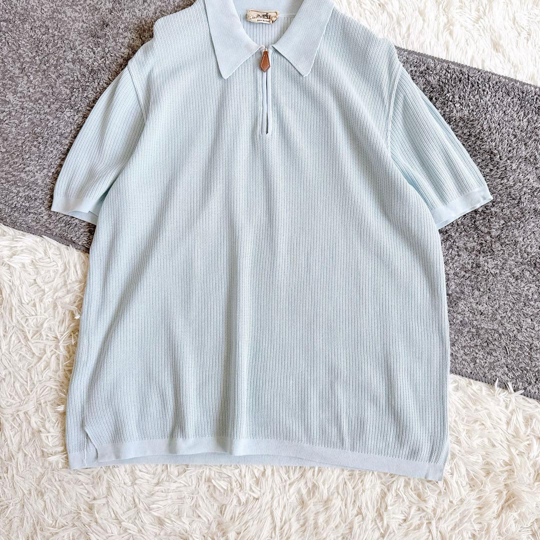 希少　オールド　エルメス 半袖　ポロシャツ　無地　XL ブルー　コットン　メンズ