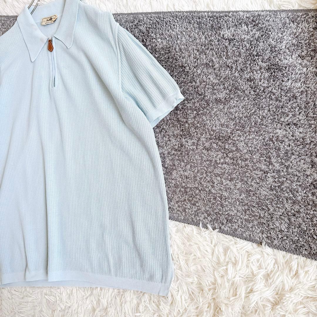 希少　オールド　エルメス 半袖　ポロシャツ　無地　XL ブルー　コットン　メンズ