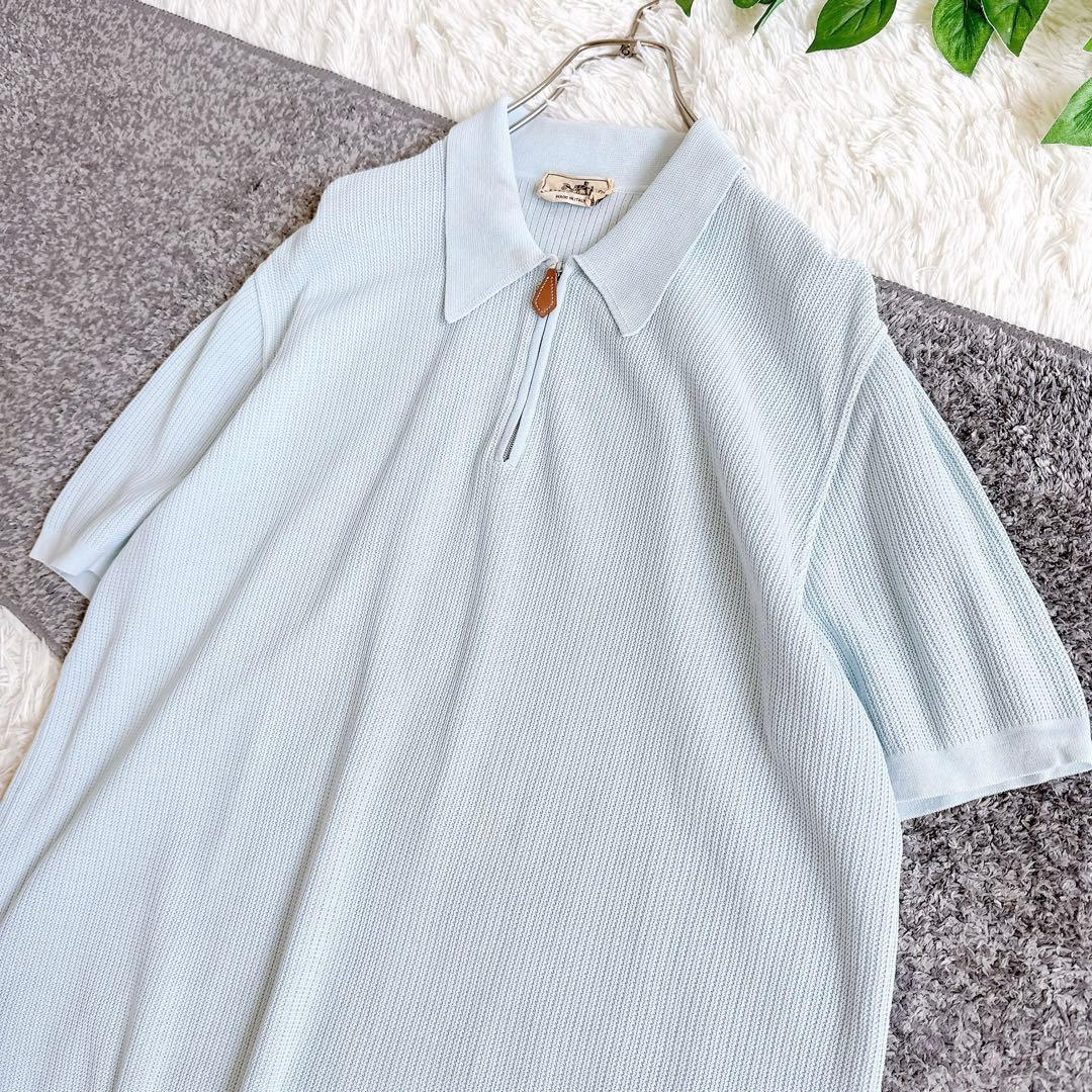 希少　オールド　エルメス 半袖　ポロシャツ　無地　XL ブルー　コットン　メンズ