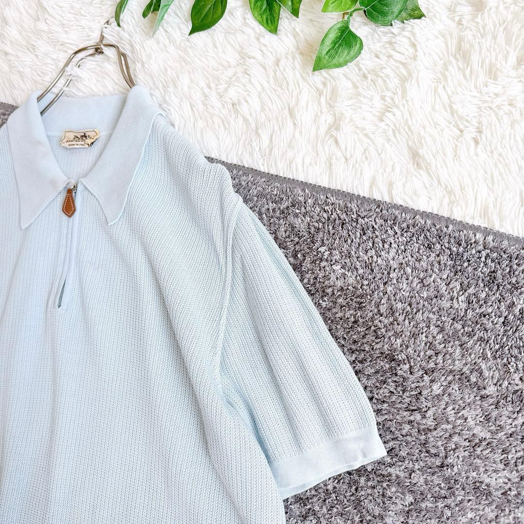 希少　オールド　エルメス 半袖　ポロシャツ　無地　XL ブルー　コットン　メンズ