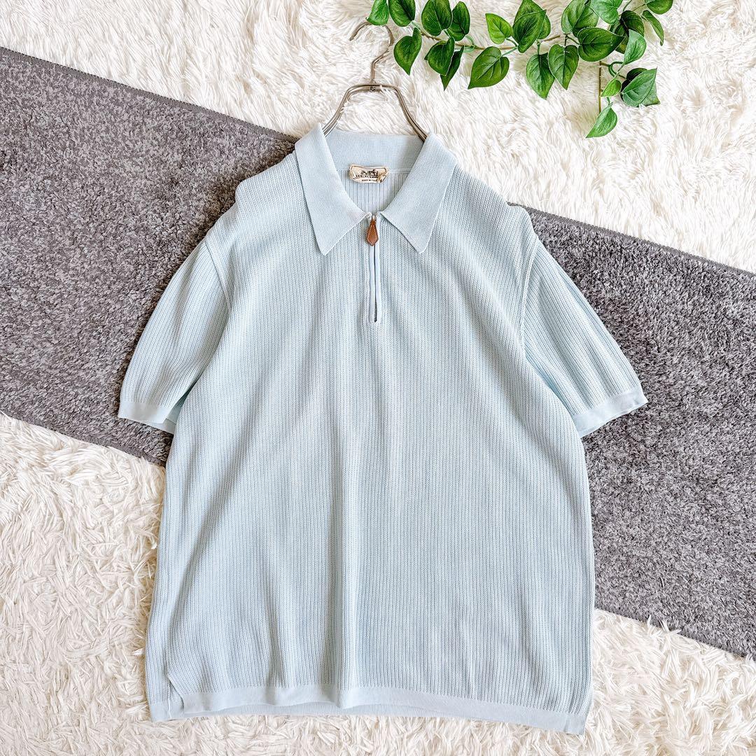 希少　オールド　エルメス 半袖　ポロシャツ　無地　XL ブルー　コットン　メンズ