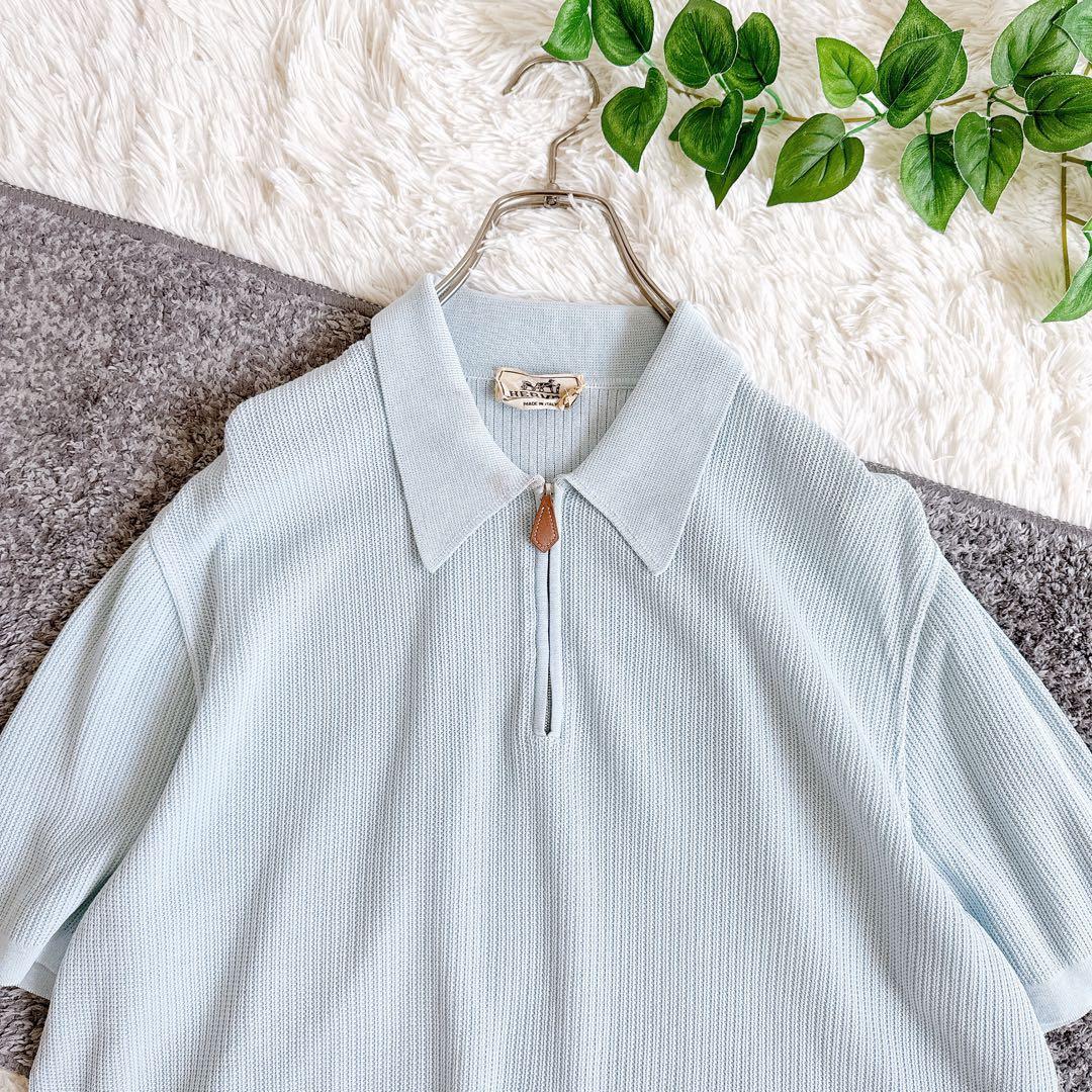 希少　オールド　エルメス 半袖　ポロシャツ　無地　XL ブルー　コットン　メンズ