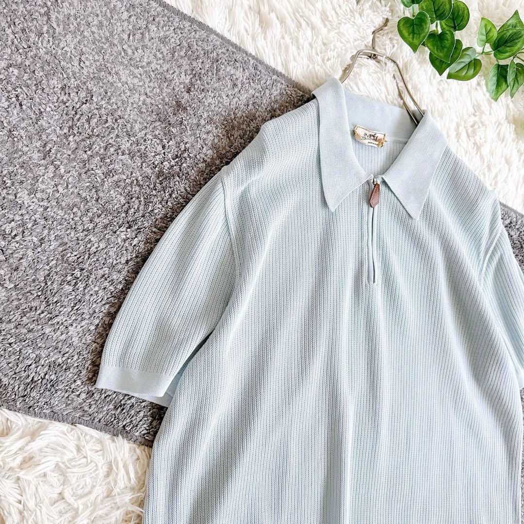 希少　オールド　エルメス 半袖　ポロシャツ　無地　XL ブルー　コットン　メンズ