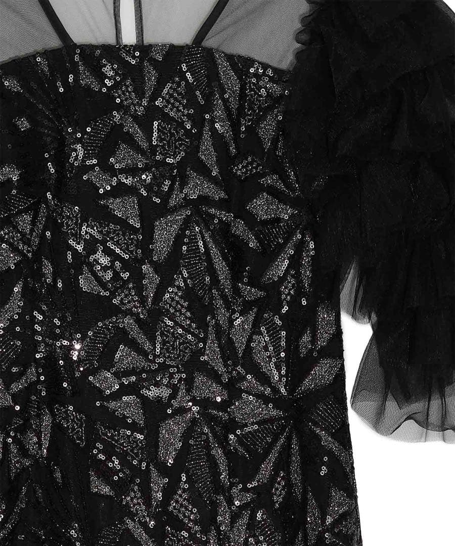 LEJA チュールフリルスリーブスパンコールIラインワンピースドレス
