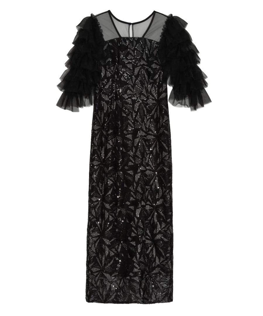 LEJA チュールフリルスリーブスパンコールIラインワンピースドレス