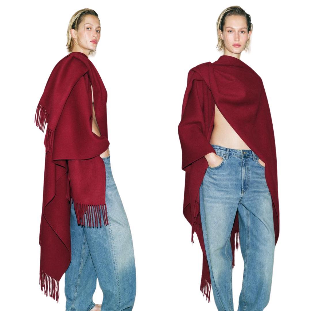 【新作・新品】ZARA ZW COLLECTION ウール混フリンジケープ