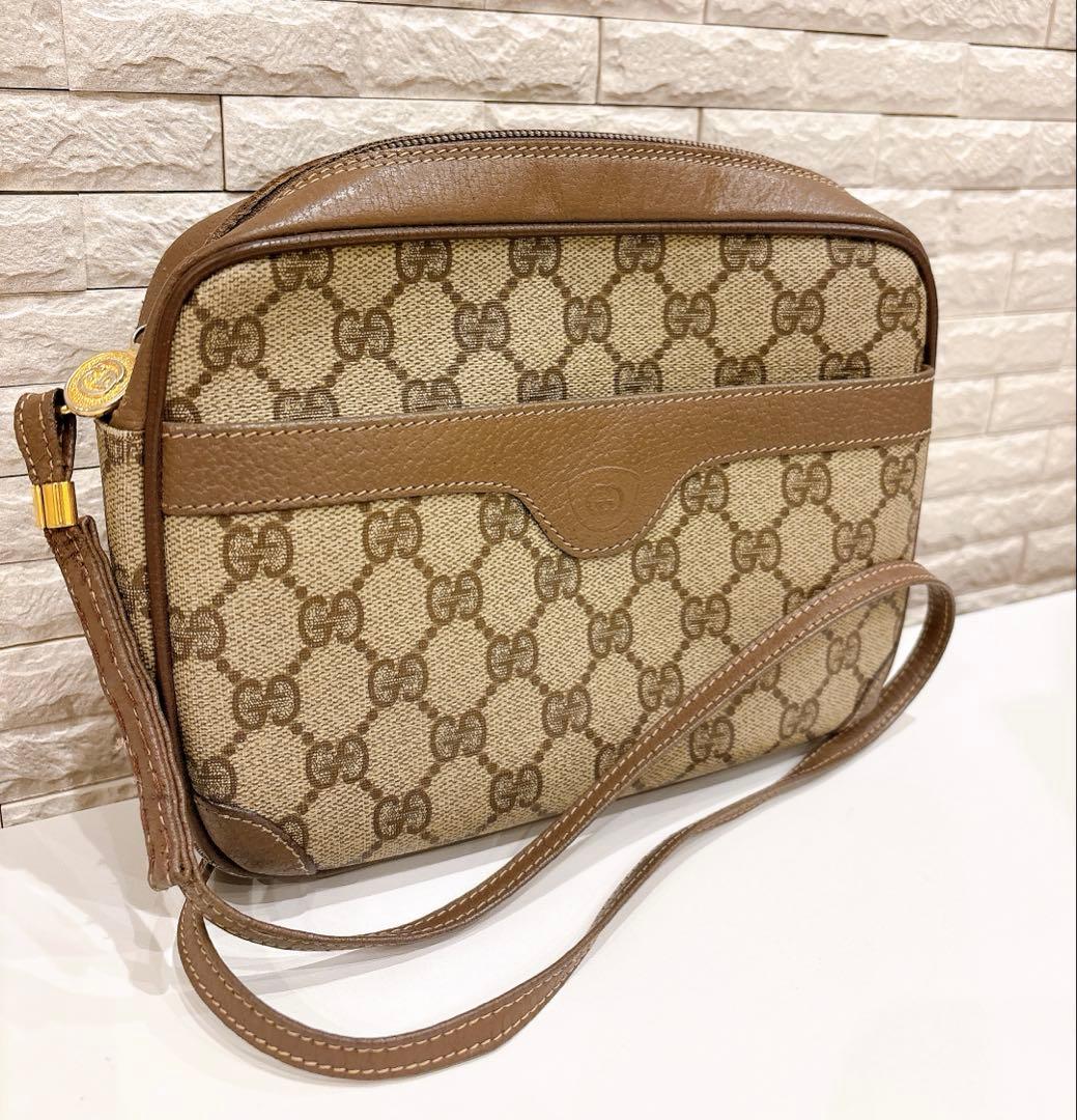 【美品】GUCCI オールドグッチ ショルダーバッグ　ブラウン ロゴ レザー