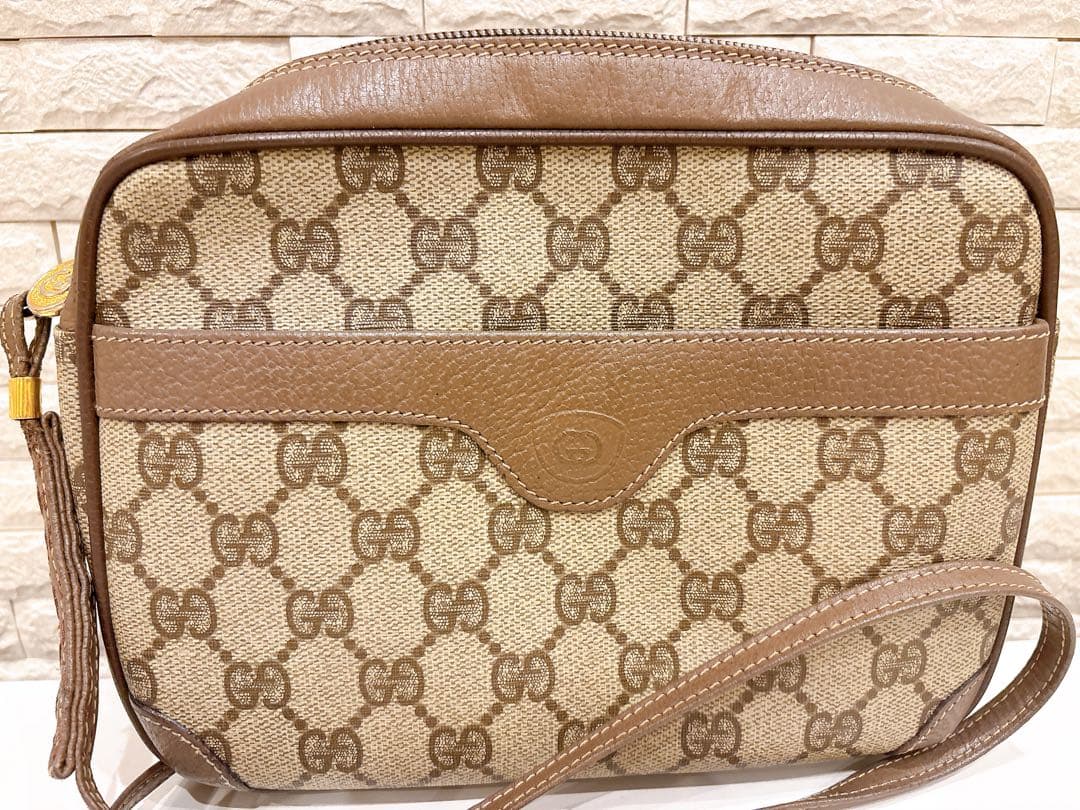 【美品】GUCCI オールドグッチ ショルダーバッグ　ブラウン ロゴ レザー