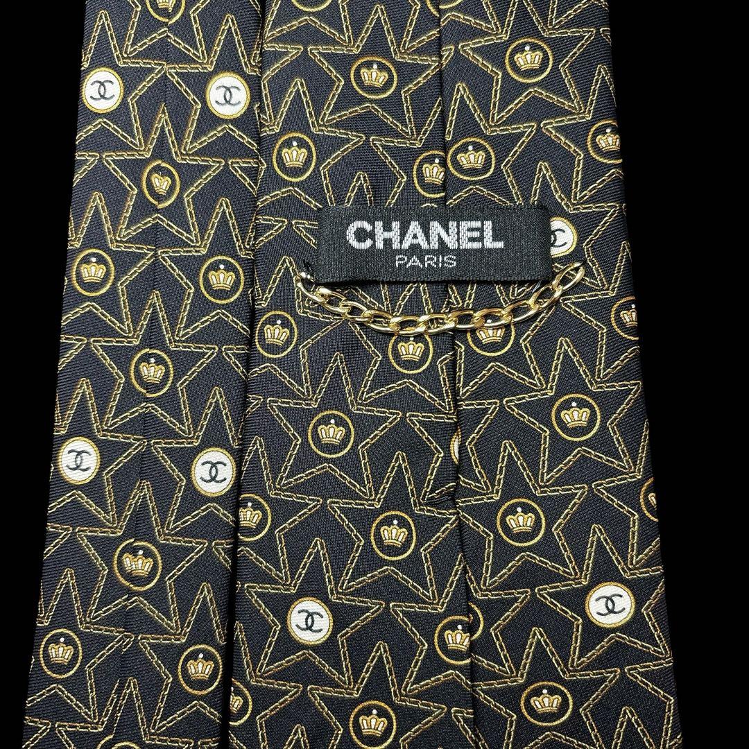 CHANEL ヴィンテージ ココマーク 星柄×クラウン 総柄ネクタイ CCロゴ