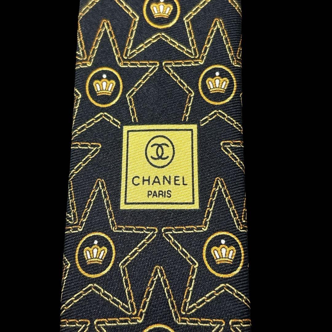 CHANEL ヴィンテージ ココマーク 星柄×クラウン 総柄ネクタイ CCロゴ