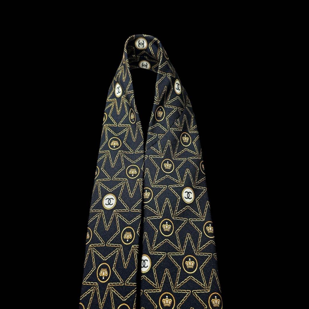 CHANEL ヴィンテージ ココマーク 星柄×クラウン 総柄ネクタイ CCロゴ