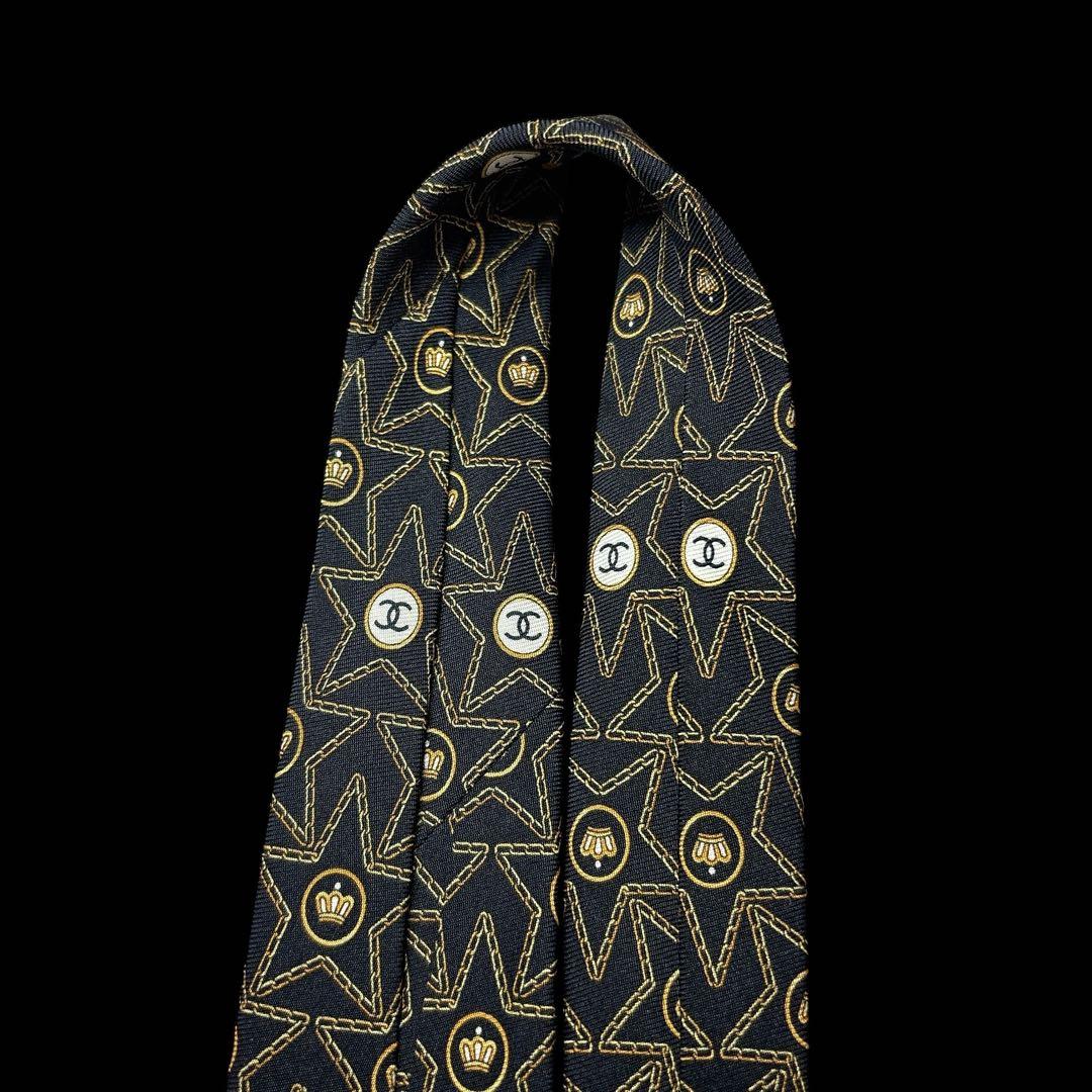 CHANEL ヴィンテージ ココマーク 星柄×クラウン 総柄ネクタイ CCロゴ