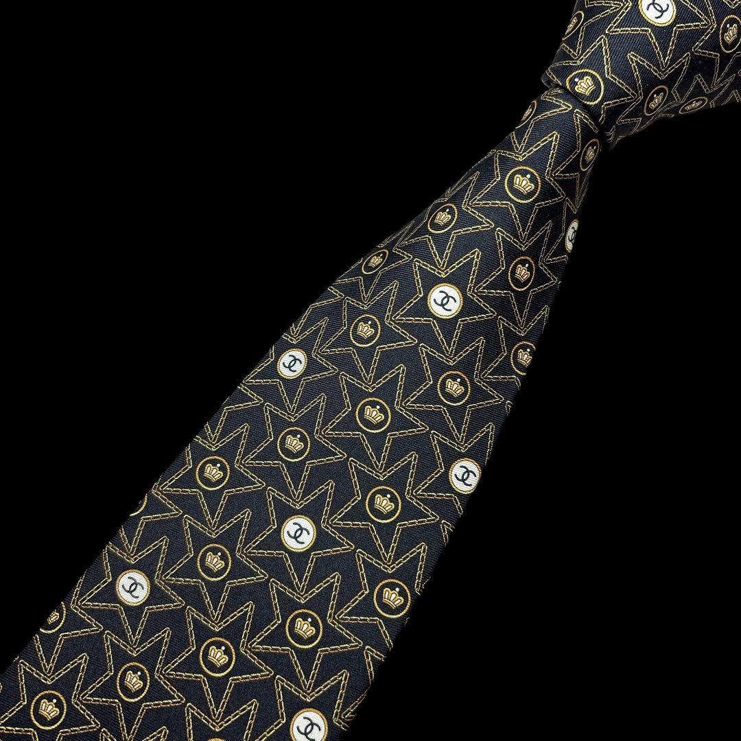 CHANEL ヴィンテージ ココマーク 星柄×クラウン 総柄ネクタイ CCロゴ