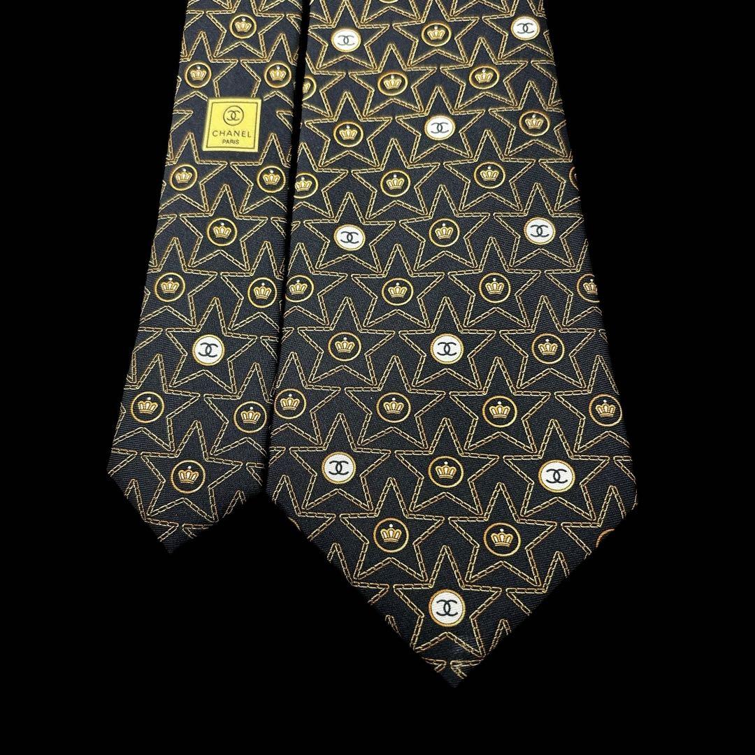 CHANEL ヴィンテージ ココマーク 星柄×クラウン 総柄ネクタイ CCロゴ
