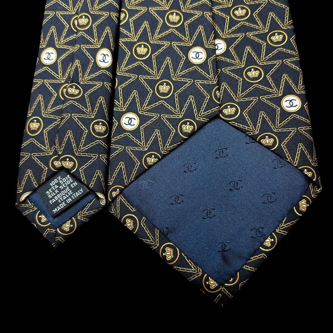 CHANEL ヴィンテージ ココマーク 星柄×クラウン 総柄ネクタイ CCロゴ