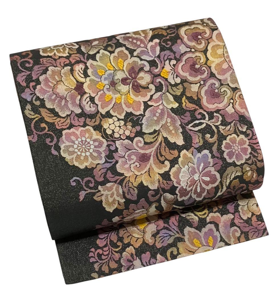 西陣弐重経織 袋帯 六通柄 正絹 葡萄花唐草 未使用に近い イ6544