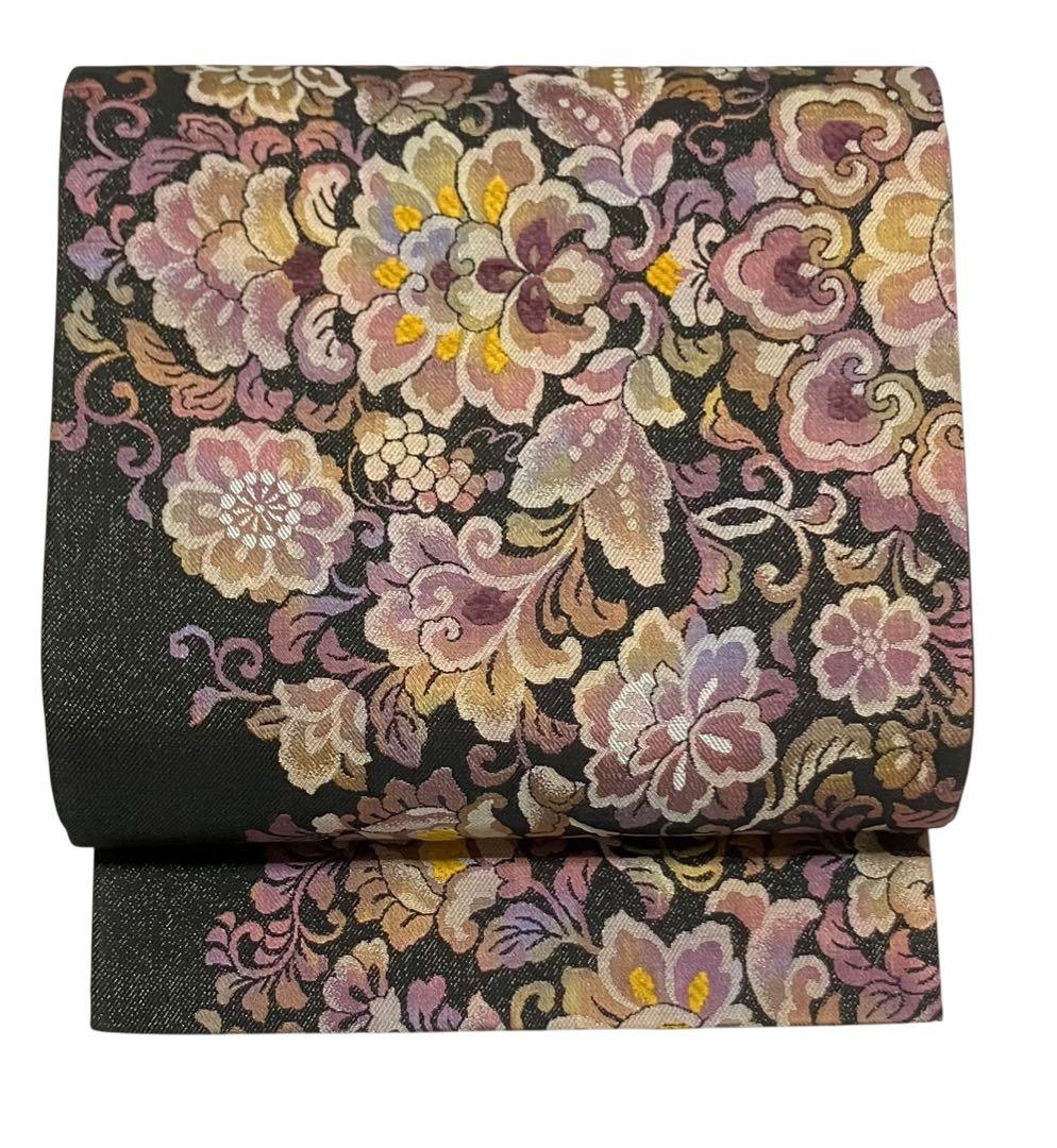 西陣弐重経織 袋帯 六通柄 正絹 葡萄花唐草 未使用に近い イ6544