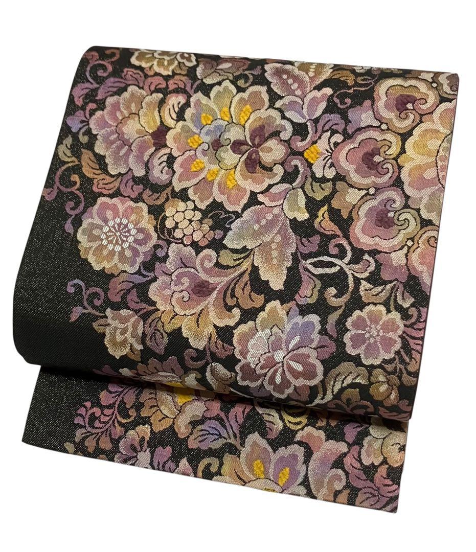 西陣弐重経織 袋帯 六通柄 正絹 葡萄花唐草 未使用に近い イ6544