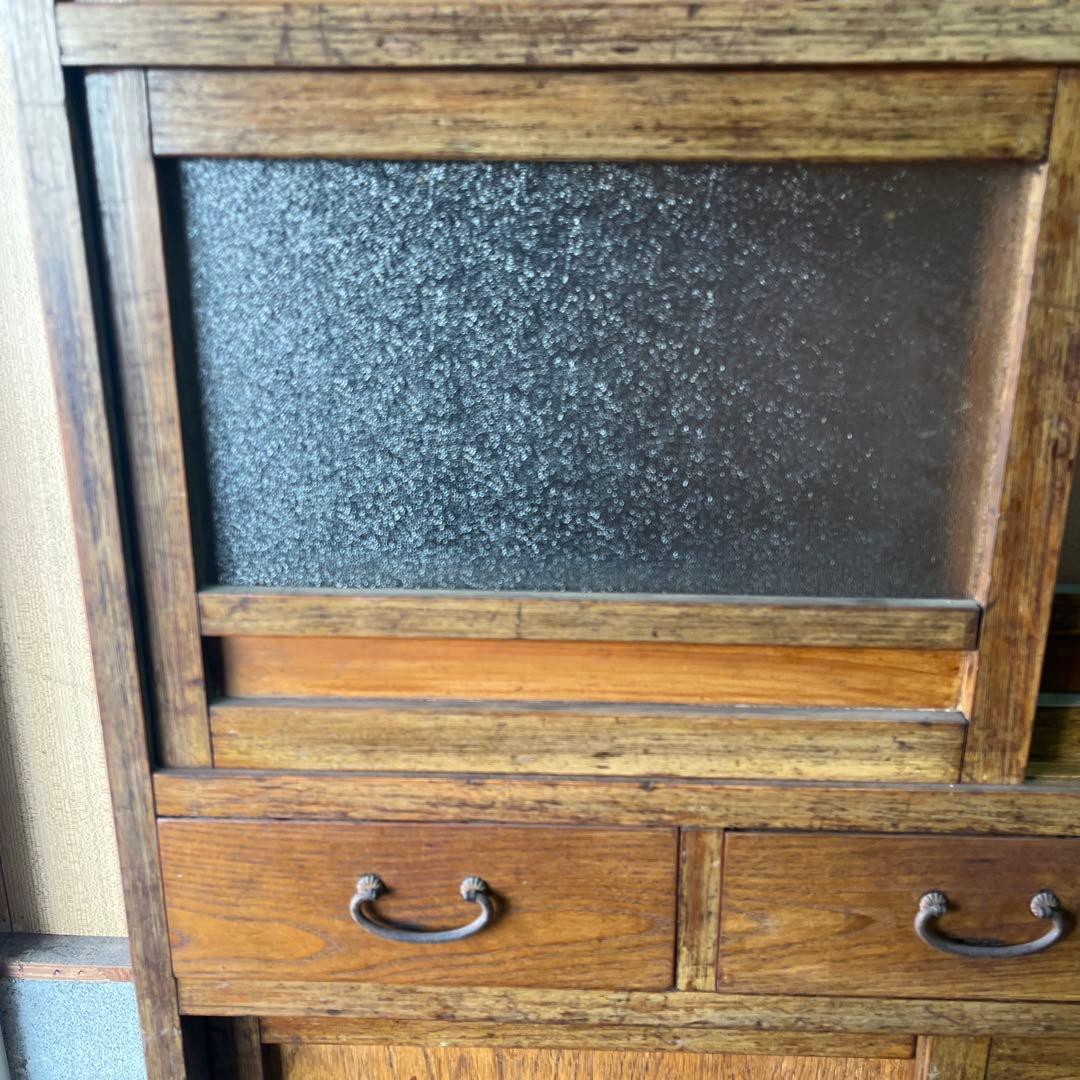 水屋箪笥 昭和初期 ガラス扉 キャビネット 引き出し三杯