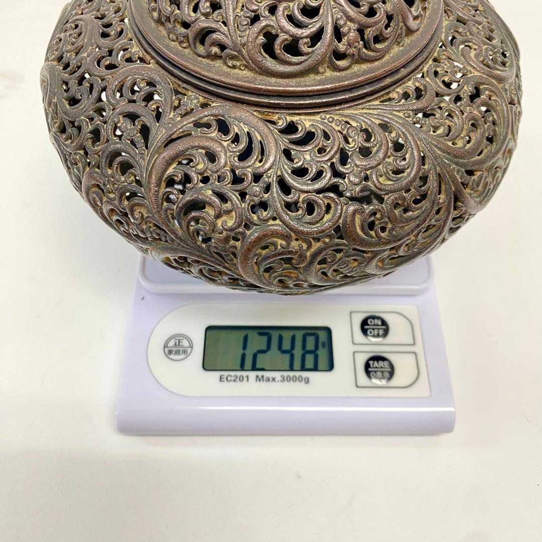 Y 中国 古銅 香炉 古玩 銘有 獅子 蓋付き 　琢磨