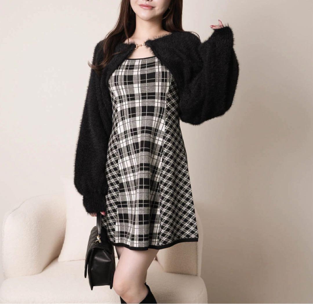 24新品リップサービス定価13090円フェザーチェックアンサンブルワンピース黒M