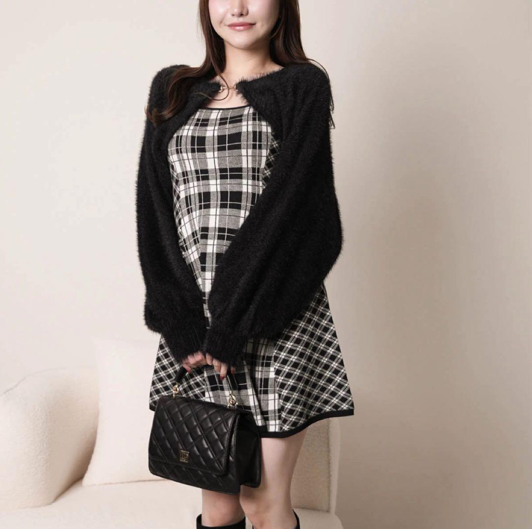 24新品リップサービス定価13090円フェザーチェックアンサンブルワンピース黒M