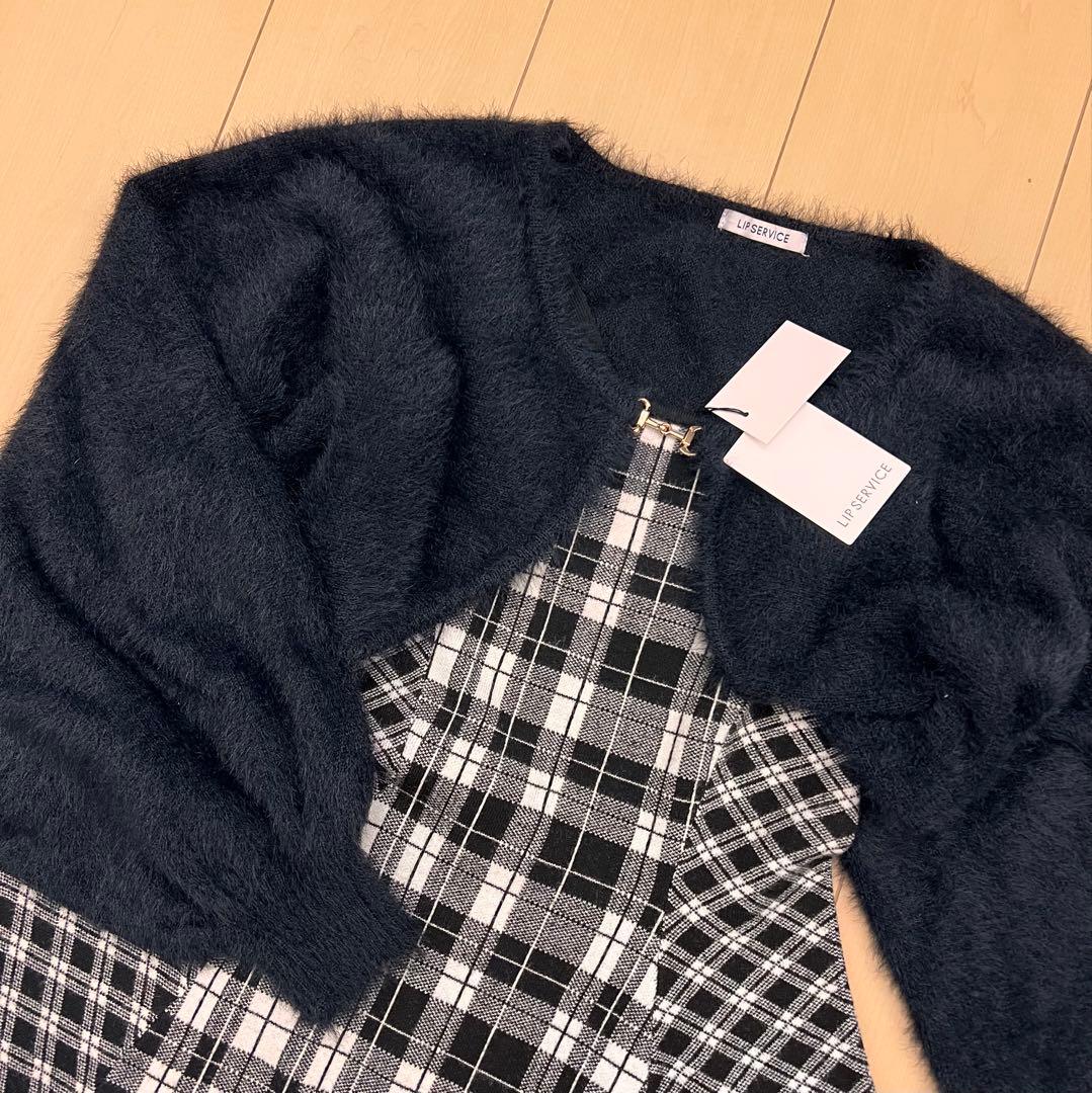 24新品リップサービス定価13090円フェザーチェックアンサンブルワンピース黒M