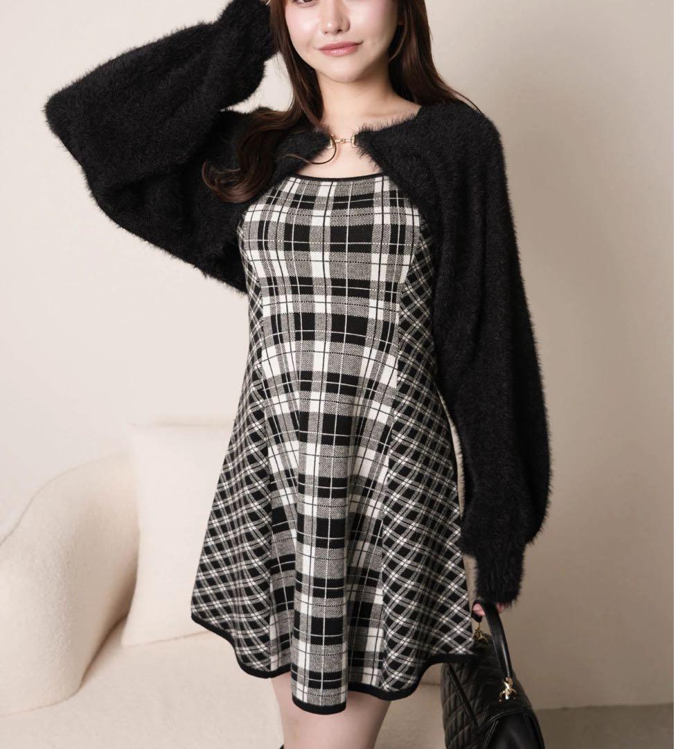 24新品リップサービス定価13090円フェザーチェックアンサンブルワンピース黒M