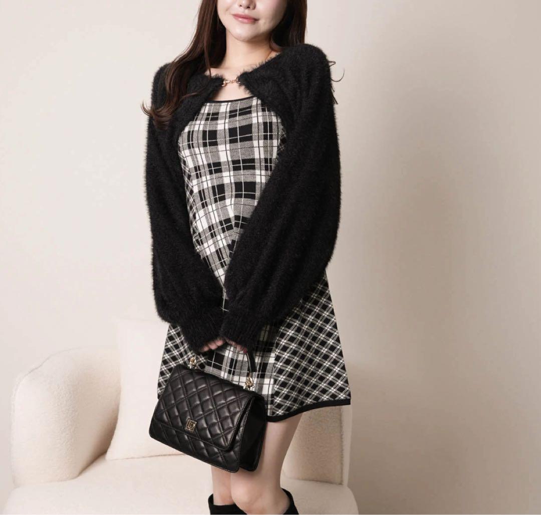 24新品リップサービス定価13090円フェザーチェックアンサンブルワンピース黒M