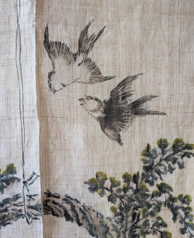 手描き麻暖簾【鳥と忍草】手染め のれん 巾81×144cm　一点物　アンティーク