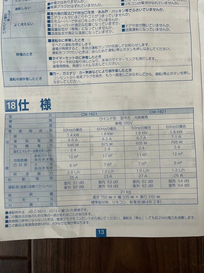 【中古】窓用エアコン CW-1621 コロナ