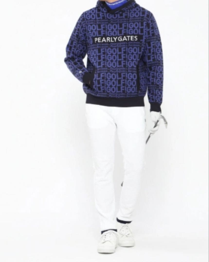 新品 パーリーゲイツ GOLF柄ジャガード ニット フーディ(5)サイズL/紺