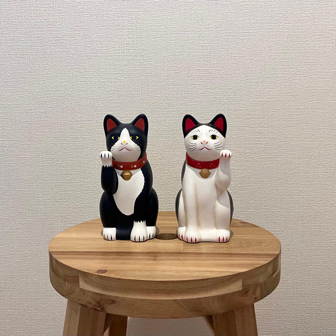 瀬戸焼　招き猫　ネイビー　ブチ　5号　2個セット　箱無し