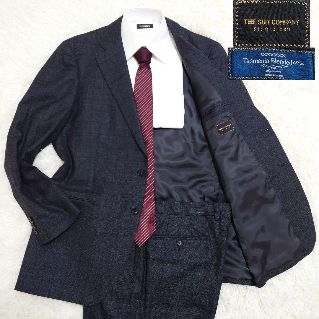 美品　ザスーツカンパニー　スーツ　Super100's　グレー　チェック　XL