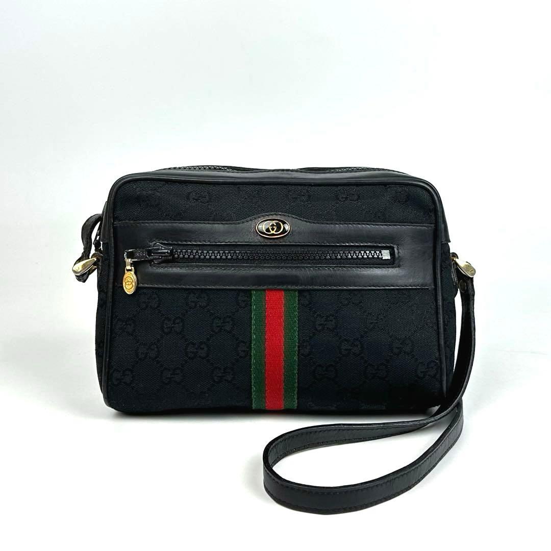 美品■グッチ ショルダーバッグ シェリーライン GGキャンバス クロスボディ 黒