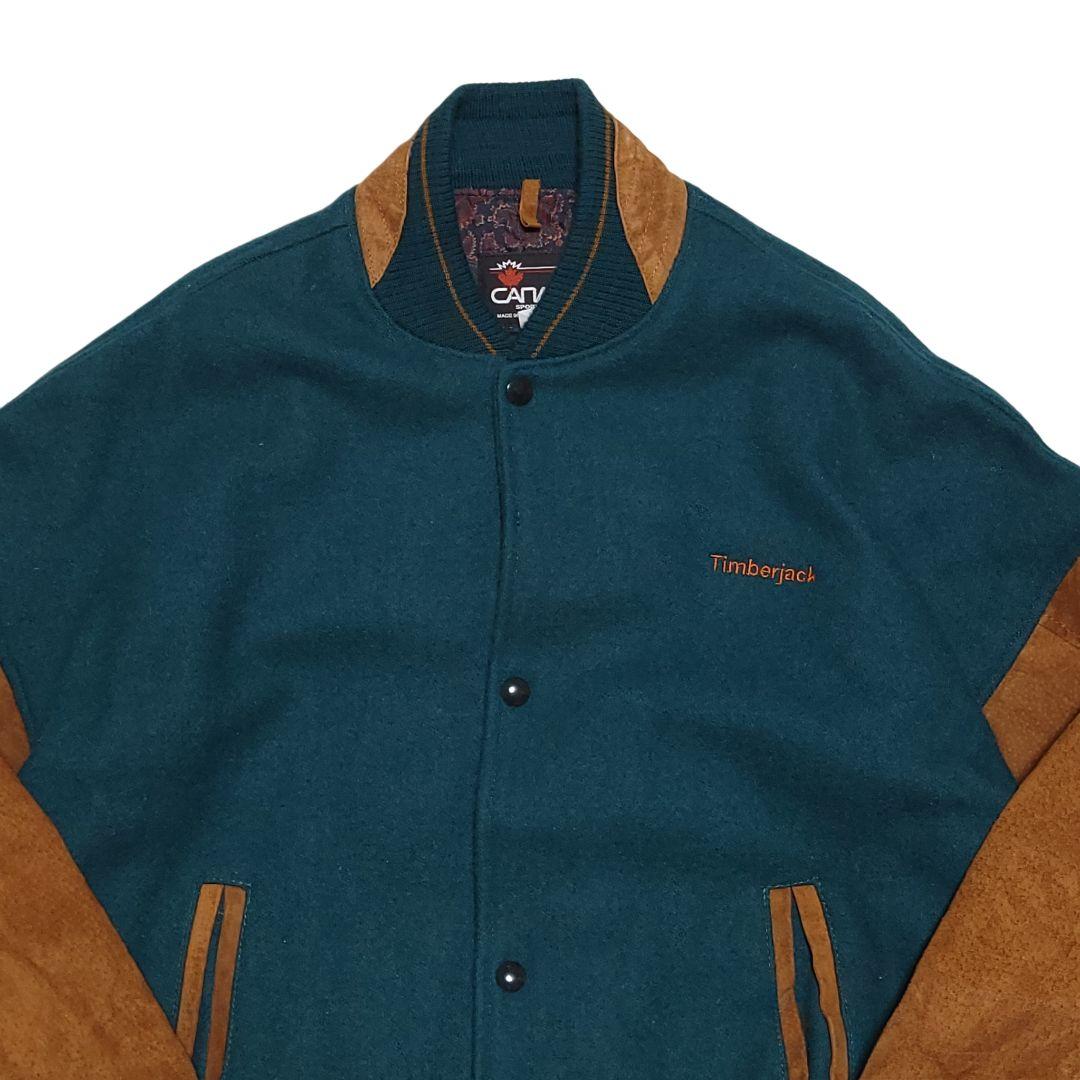 90s カナダ製 ウール×スウェード スタジャン 緑 L 古着