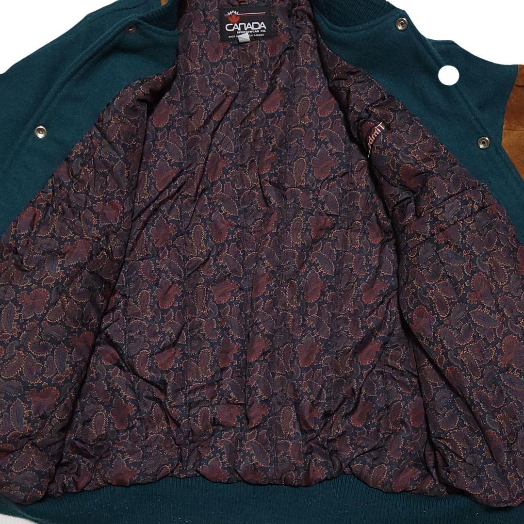 90s カナダ製 ウール×スウェード スタジャン 緑 L 古着