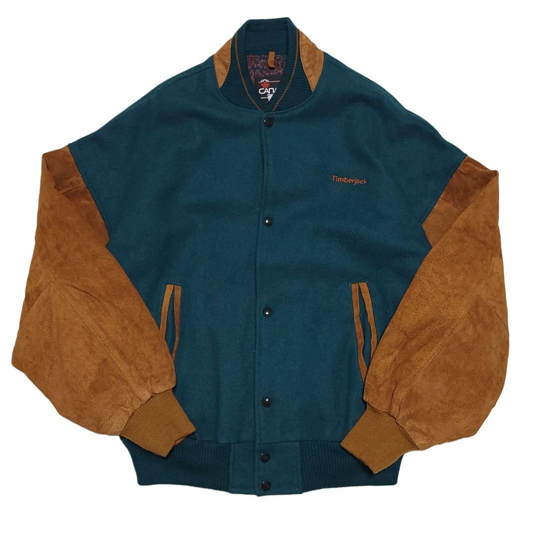 90s カナダ製 ウール×スウェード スタジャン 緑 L 古着