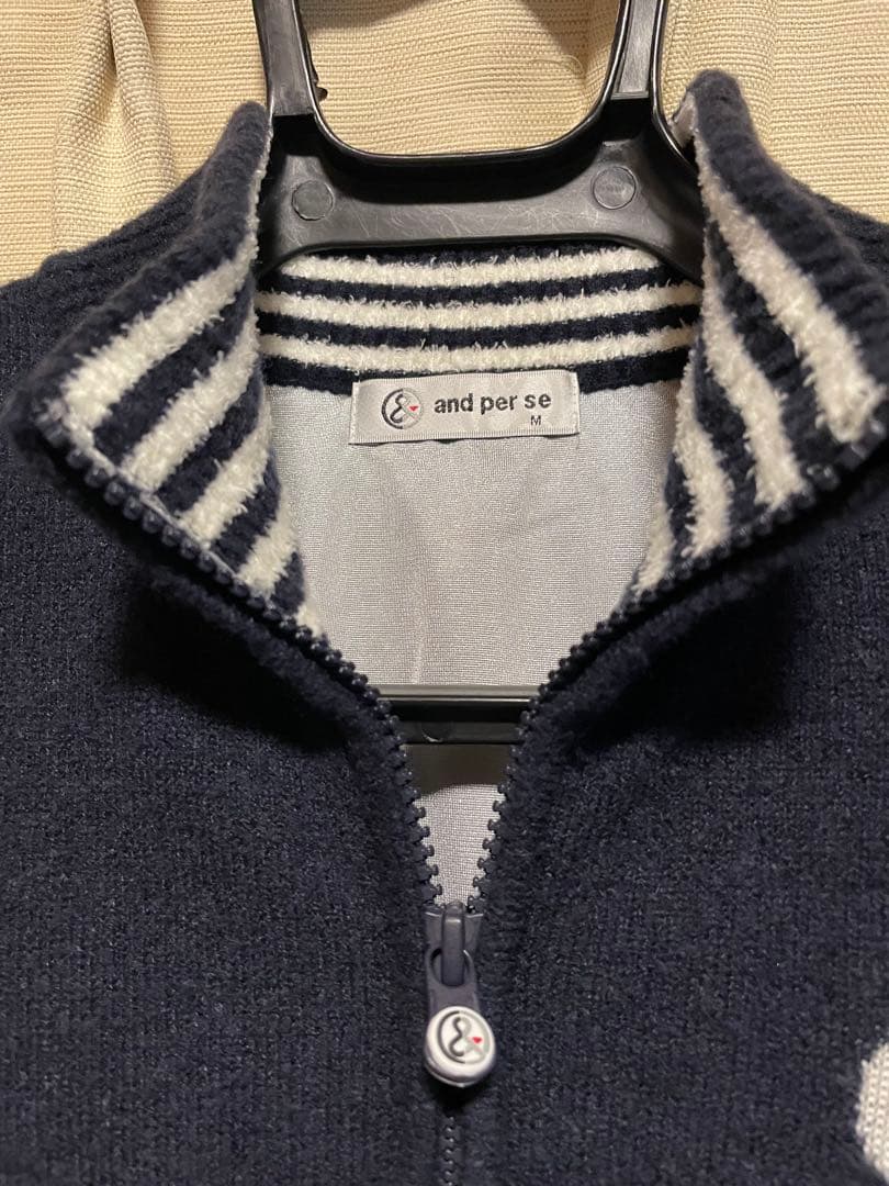 ◆美品◆アンパスィ 裏地付ニットジャケット ネイビー/ホワイト メンズMサイズ