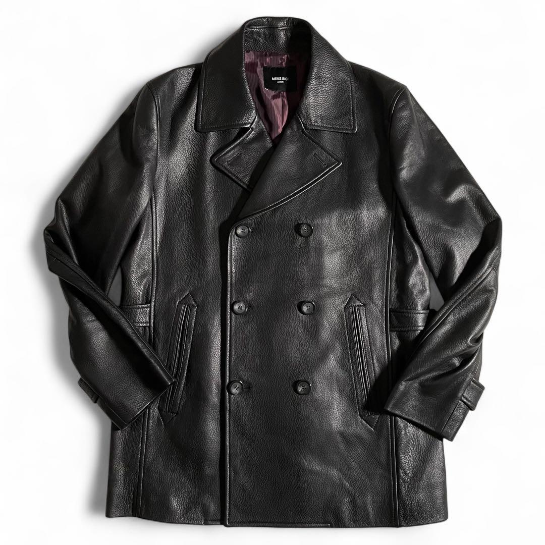 メンズビギ レザーコート ピーコート ダブルブレスト シープレザー 型押し