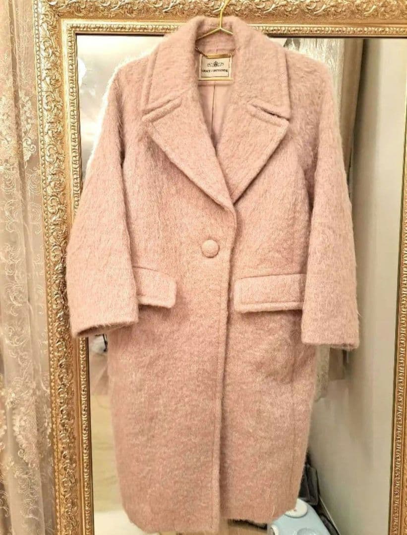 グレースコンチネンタルモヘアシャギーロングコートピンク