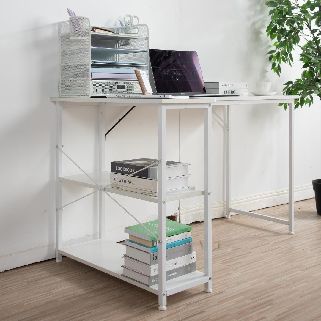 ホワイト パソコンデスクL字120cm2段ラック付デスク木製ミシン台書斎机勉強机