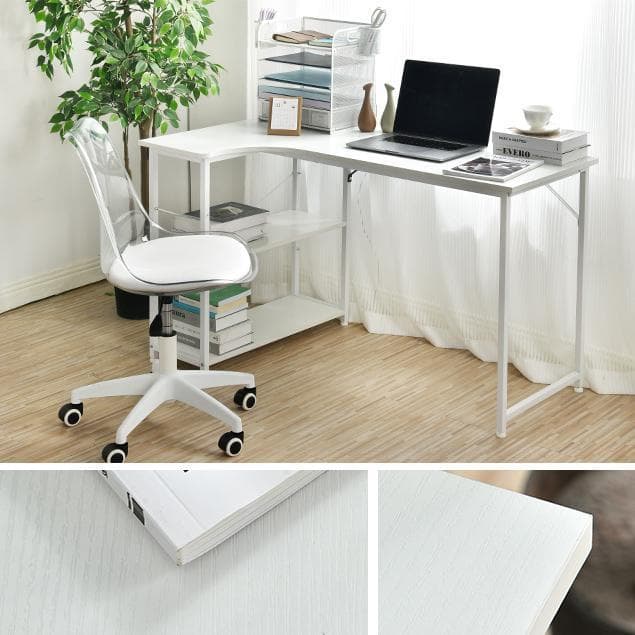 ホワイト パソコンデスクL字120cm2段ラック付デスク木製ミシン台書斎机勉強机