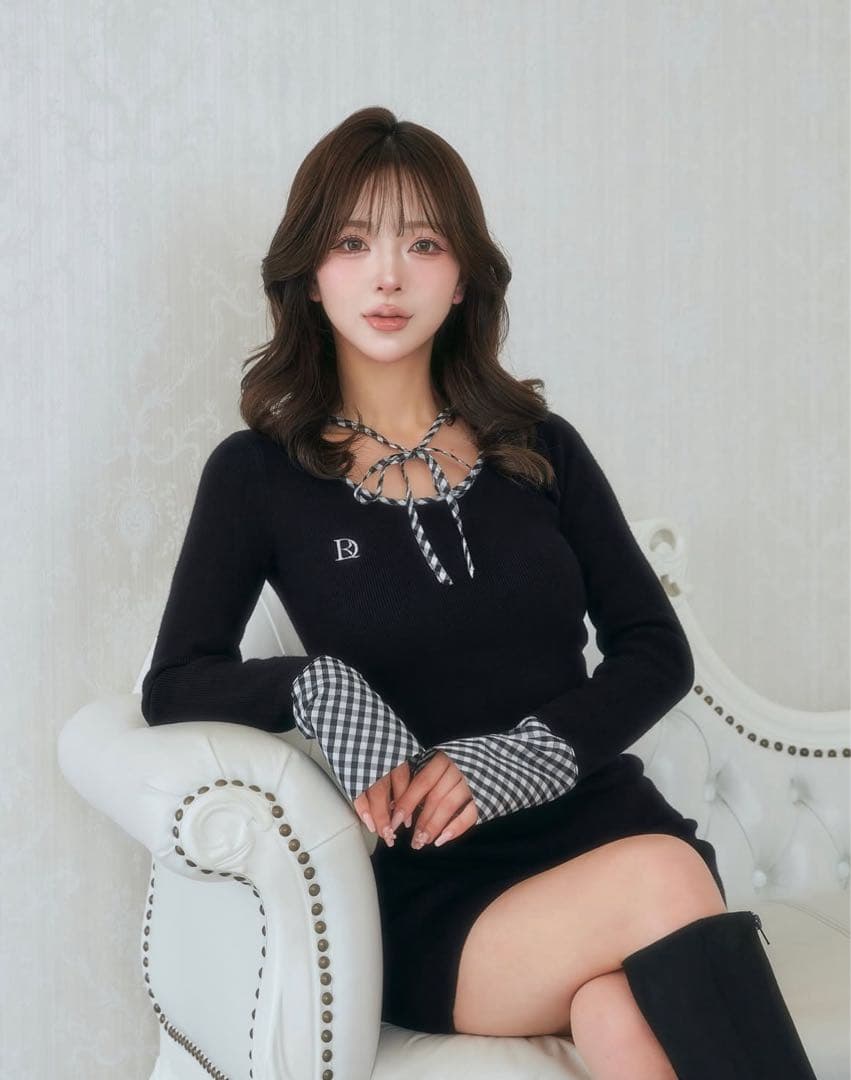 darich チェックリボンニットミニワンピース