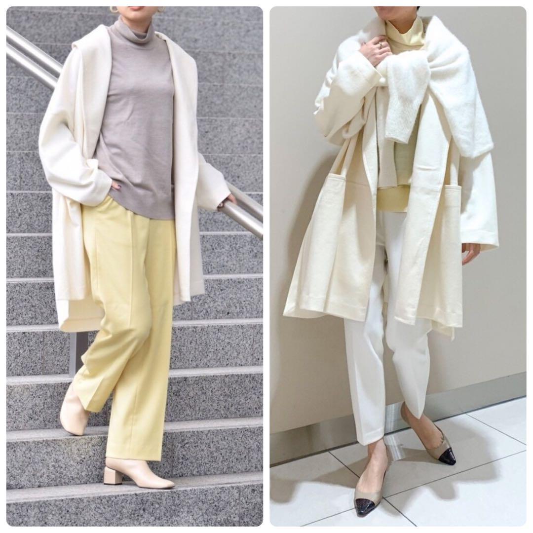 美品◯カリテ　圧縮ウールショールカラーコート　アイボリー