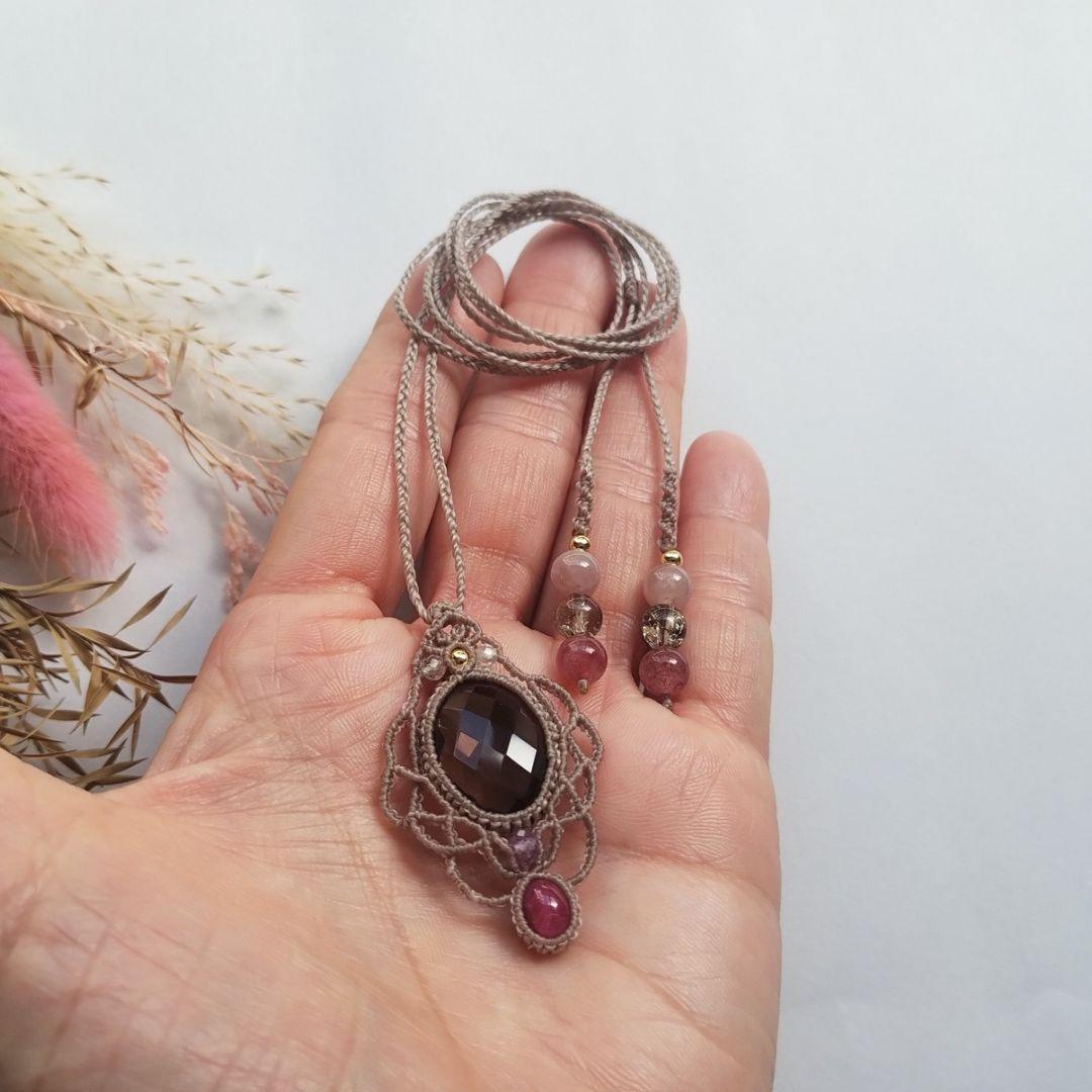 クンツァイト＆シトリン＆アメジストのマクラメ編みネックレス　ペンダント　天然石