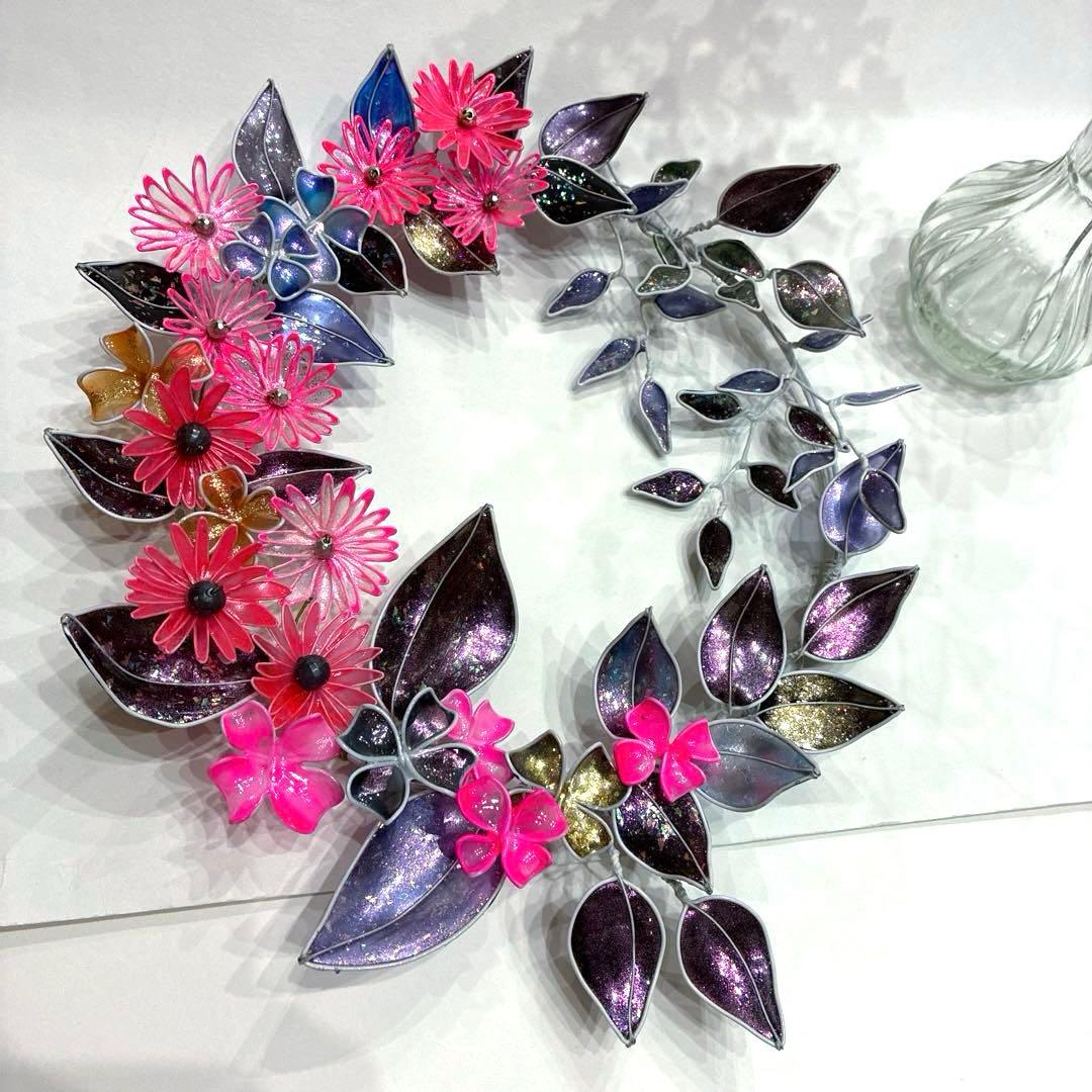 2点セット　ネオンフラワーリース　紫陽花一輪　ワイヤークラフト　ディップアート