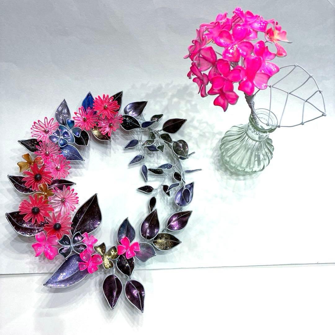 2点セット　ネオンフラワーリース　紫陽花一輪　ワイヤークラフト　ディップアート