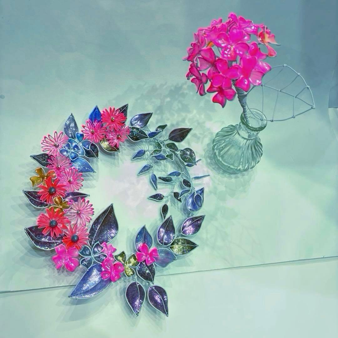 2点セット　ネオンフラワーリース　紫陽花一輪　ワイヤークラフト　ディップアート